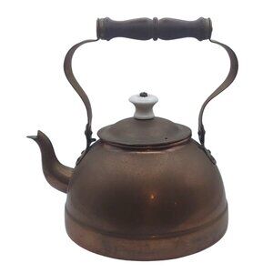Vintage ODT Copper Tea Kettle Wood Handle Porcelain Lid Knob Tin Lined Portugal
